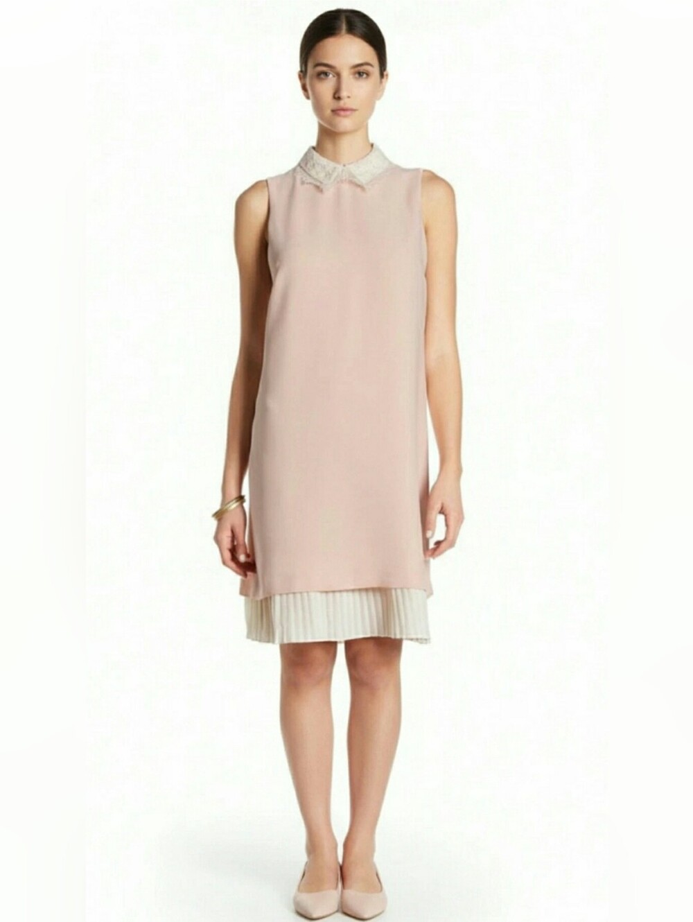 Nanette Lepore Sleeveless Blush Pink Shift Dress with Cream Pleated Hem,size 4